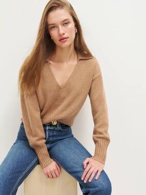 Reformation Cashmere Beck Collared V-Neck Sweater